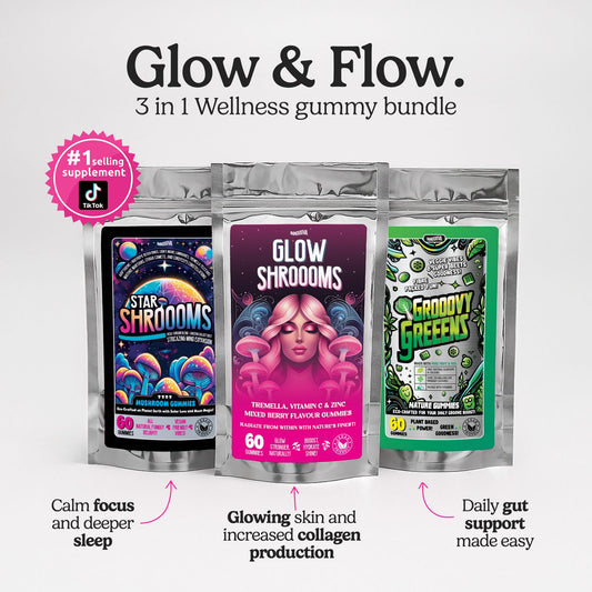 30 Day Glow & Flow 3 in 1 Wellness Gummy Bundle | Skin Glow, Brain Boost & Gut Support
