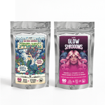 Two packages of Super Moss and Glow Shrooms gummies on a white background