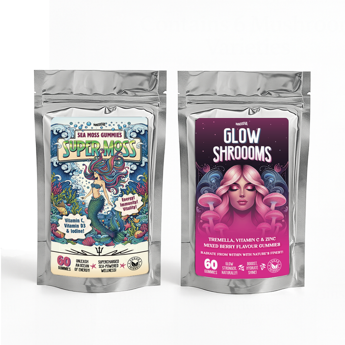 Two packages of Super Moss and Glow Shrooms gummies on a white background